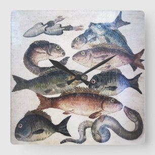 ANTIQUE ROMAN MOSAICS, FISKAR,HAVSOMRÅDESSCENE FYRKANTIG KLOCKA