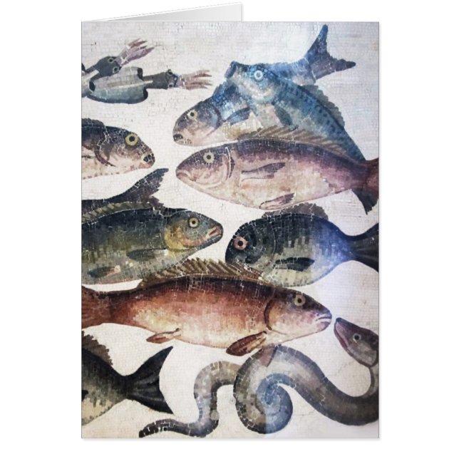 ANTIQUE ROMAN MOSAICS, FISKAR,HAVSOMRÅDESSCENE HÄLSNINGSKORT (Framsidan)