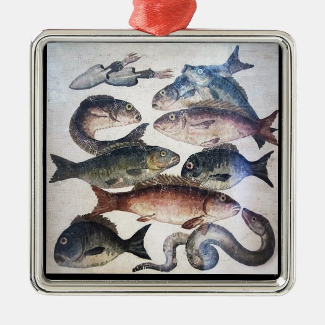 ANTIQUE ROMAN MOSAICS, FISKAR,HAVSOMRÅDESSCENE JULGRANSPRYDNAD METALL (Framsidan)