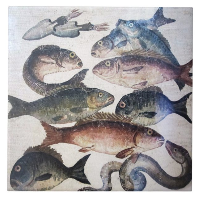 ANTIQUE ROMAN MOSAICS, FISKAR,HAVSOMRÅDESSCENE KAKELPLATTA (Framsidan)