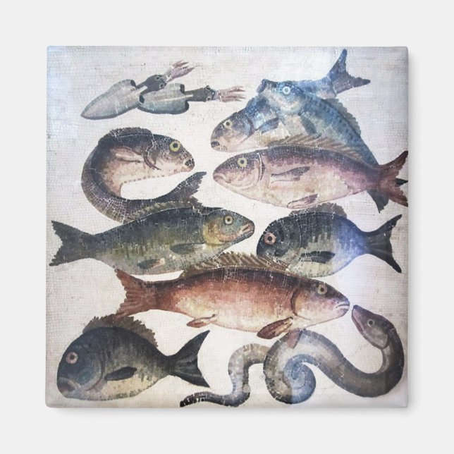 ANTIQUE ROMAN MOSAICS, FISKAR,HAVSOMRÅDESSCENE MAGNET (Framsidan)