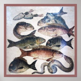 ANTIQUE ROMAN MOSAICS, FISKAR,HAVSOMRÅDESSCENE POSTER