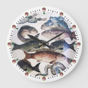 ANTIQUE ROMAN MOSAICS, FISKAR,HAVSOMRÅDESSCENE STOR KLOCKA