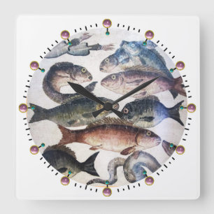 ANTIQUE ROMAN MOSAICS, FISKAR,HAVSOMRÅDETS LIVSCEN FYRKANTIG KLOCKA