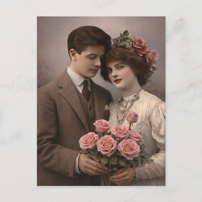 Antique Romantic Couple Postcard with Roses  Vykort (Framsida)