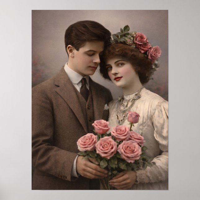 Antique Romantic Couple with Roses Poster (Framsidan)