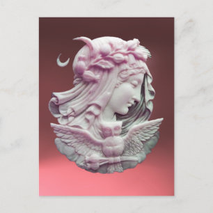 ANTIQUE ROSA CAMEO,MÅNE DAM KVÄLL MED UGGLA VYKORT
