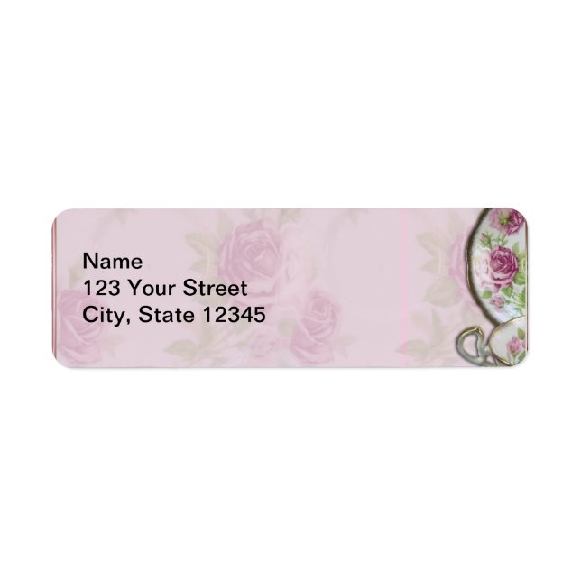 Antique Rosa ros Tea Kopp på Mauve Returadress Etikett (Framsidan)