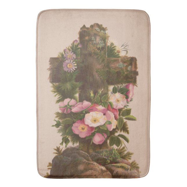 Antique Rustic Cross, Wild Roses, Easter Card, Badrumsmatta (Framsidan (Vertikal))