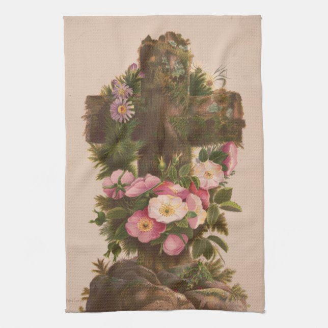 Antique Rustic Cross, Wild Roses, Easter Card, Kökshandduk (Vertikal)