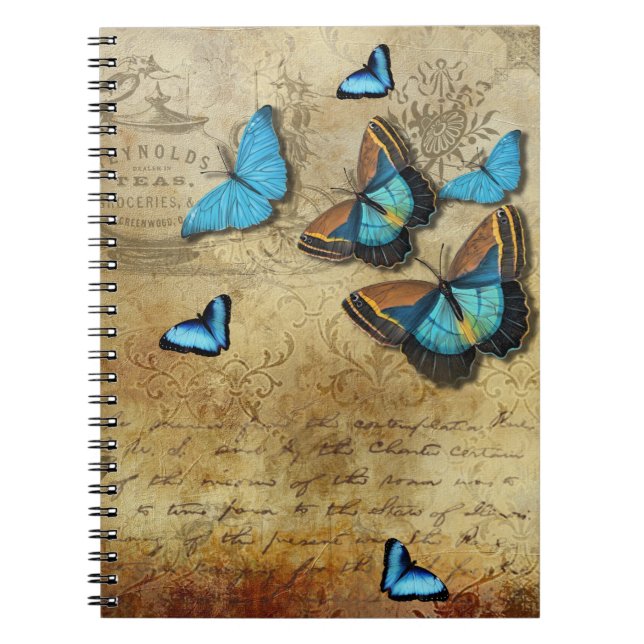 Antique Rustic Decoupage N Blue Butterflies Anteckningsbok (Framsidan)