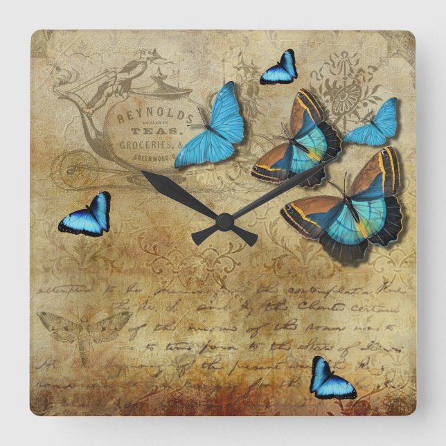 Antique Rustic Decoupage N Blue Butterflies Fyrkantig Klocka (Framsida)