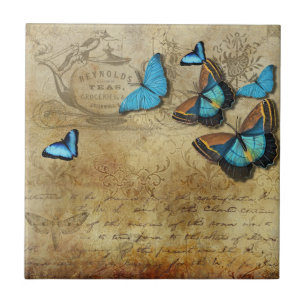 Antique Rustic Decoupage N Blue Butterflies Tea Kakelplatta