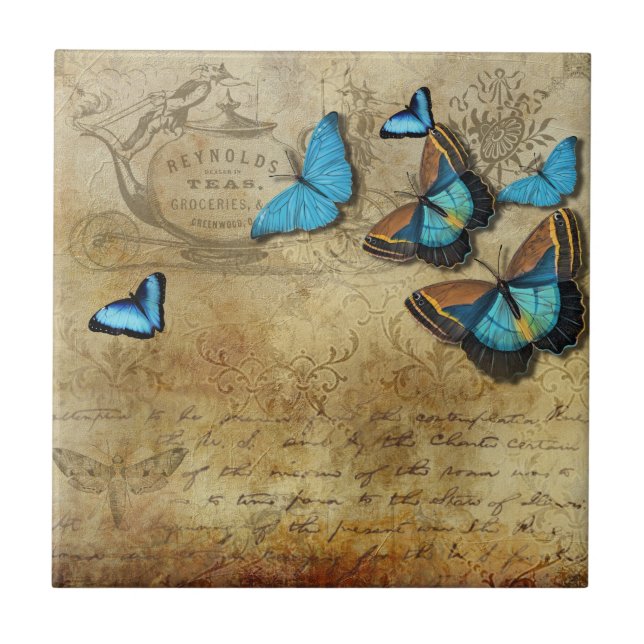Antique Rustic Decoupage N Blue Butterflies Tea Kakelplatta (Framsidan)