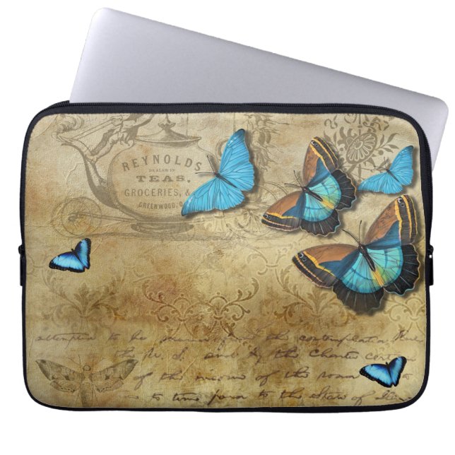 Antique Rustic Decoupage och Blue Butterflies Laptop Fodral (Framsidan)