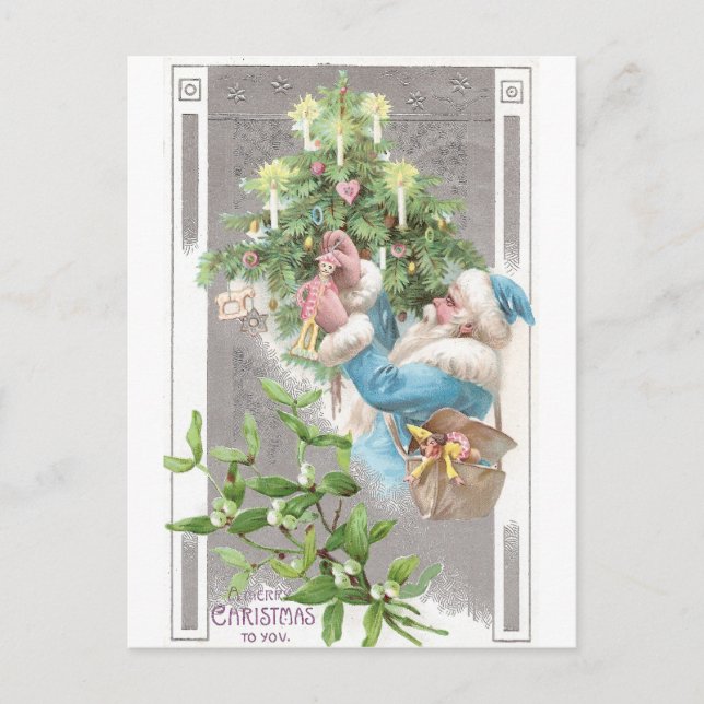 Antique Santa in Blue Jackar med Julafton Träd Helg Vykort (Framsida)