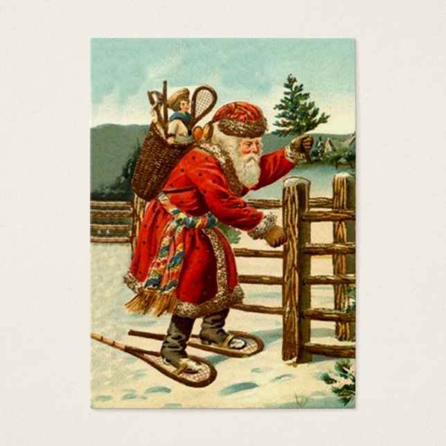 ANTIQUE SANTA IN SNOWSHOES GIFTS MÄRKRE CARD VISITKORT (Framsidan)