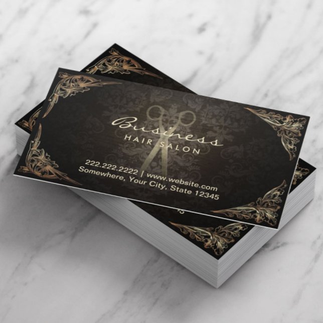 Antique Scissor Mörk Damask Hair Salon Visitkort (Skapare uppladdad)