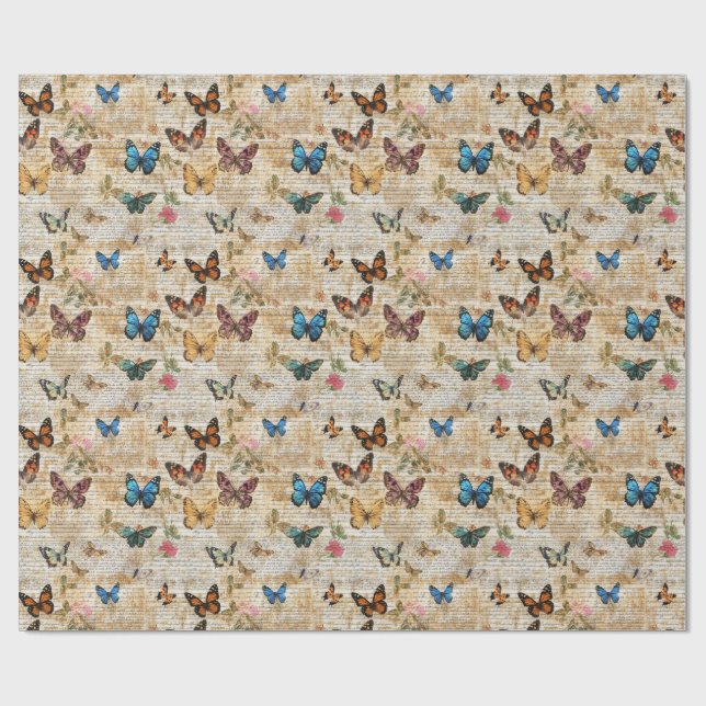 Antique Script & Vintage Butterfly Collage Presentpapper (Platt)