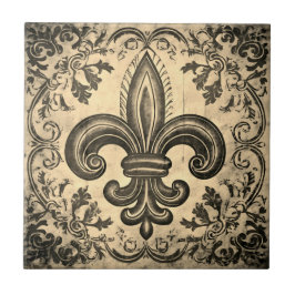 Antique Sepia Fleur de Lis Distress Kakelplatta