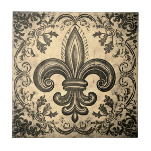 Antique Sepia Fleur de Lis Distress Kakelplatta