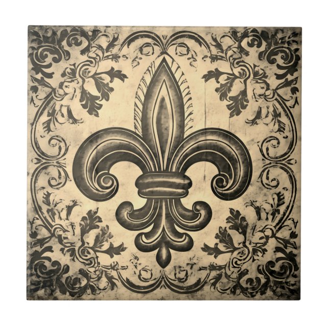 Antique Sepia Fleur de Lis Distress Kakelplatta (Framsidan)