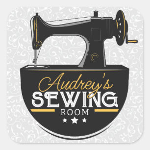 Antique Sewing Maskin ADD NAMN Seamstress Tailor Fyrkantigt Klistermärke