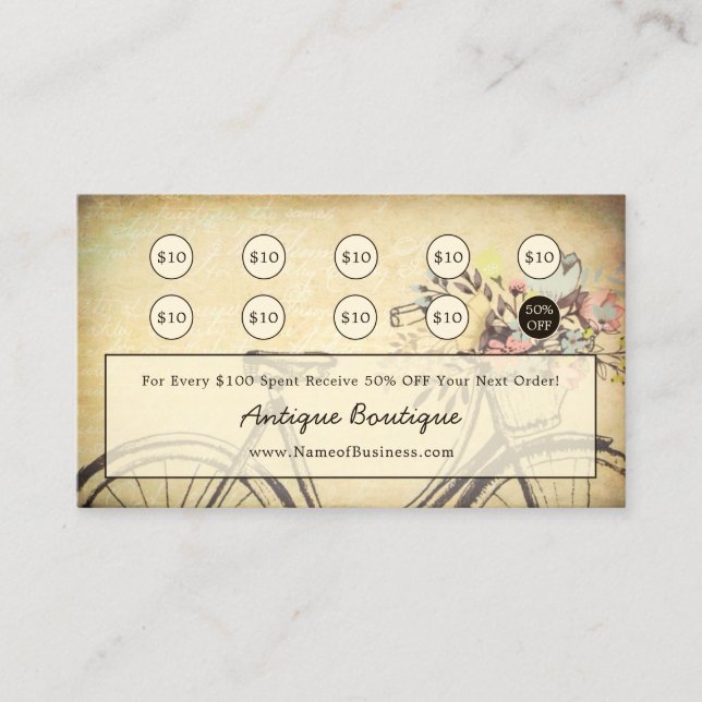 Antique Shop Vintage Blommigt Bicycle Loyalty Card Lojalitetskort (Framsida)