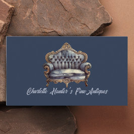 Antique shop, vintage old soffa, guld och blue visitkort