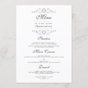 Antique Silver Flourish Bröllop Dinner Menu Meny