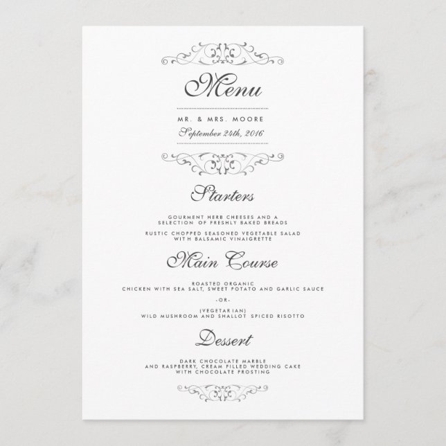 Antique Silver Flourish Bröllop Dinner Menu Meny (Framsida)