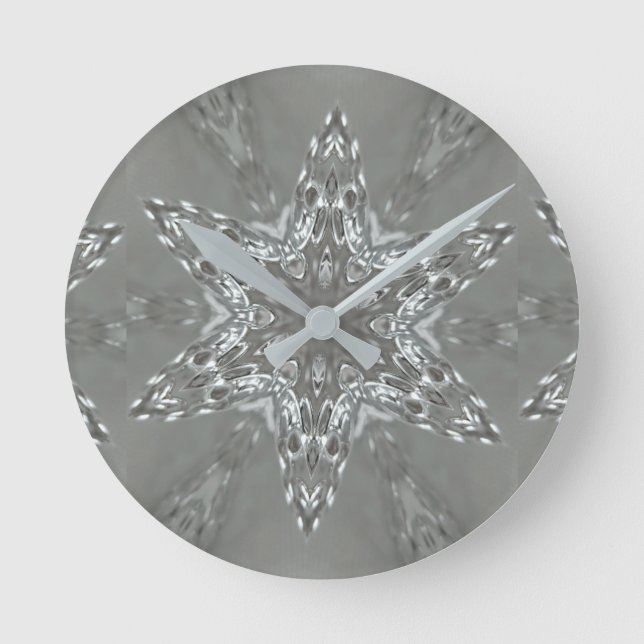 Antique Silver Grått Decorative Kaleidoscopic Star Rund Klocka (Framsida)