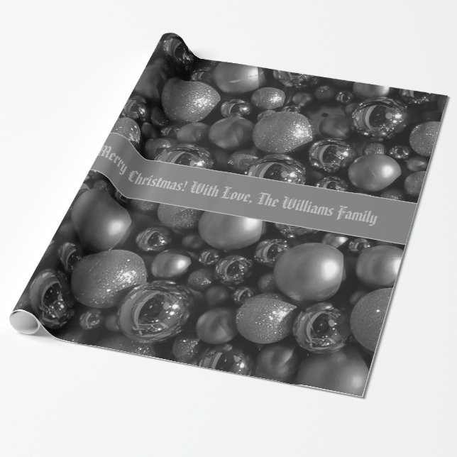 Antique Silver Grått jul Baubles Add Text Presentpapper (Utrullad)