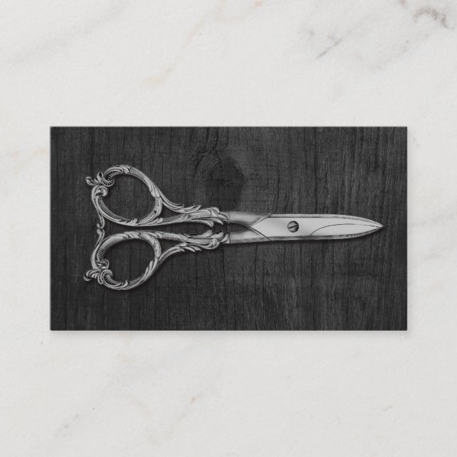 Antique Silver Scissor Elegant Wood Hair Stylist Visitkort (Framsida)