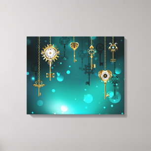 Antique Skeleton Nycklar on Grönt Background Canvastryck