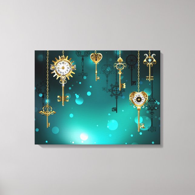 Antique Skeleton Nycklar on Grönt Background Canvastryck (Framsida)