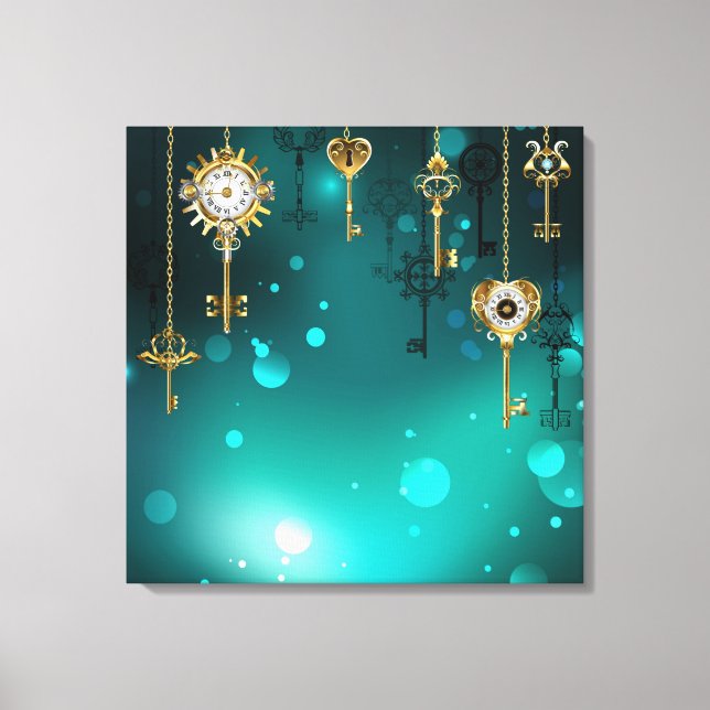 Antique Skeleton Nycklar on Grönt Background Canvastryck (Framsida)