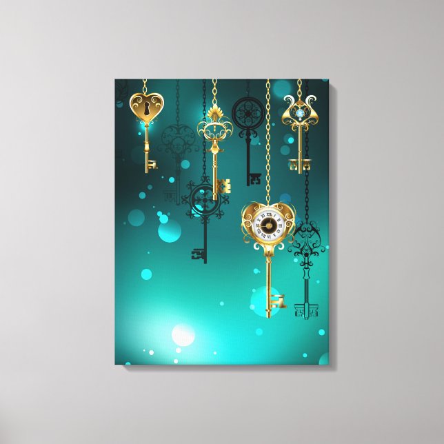 Antique Skeleton Nycklar on Grönt Background Canvastryck (Framsida)