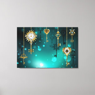 Antique Skeleton Nycklar on Grönt Background Canvastryck