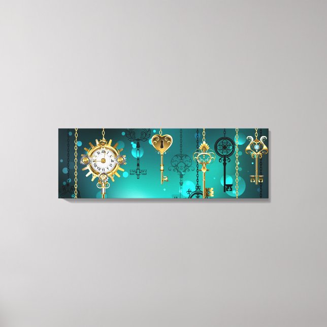 Antique Skeleton Nycklar on Grönt Background Canvastryck (Framsida)