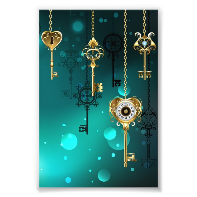 Antique Skeleton Nycklar on Grönt Background Fototryck (Framsidan)