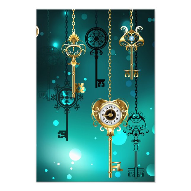 Antique Skeleton Nycklar on Grönt Background Fototryck (Framsidan)