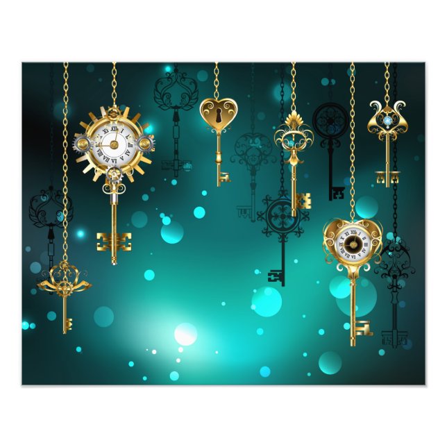 Antique Skeleton Nycklar on Grönt Background Fototryck (Framsidan)