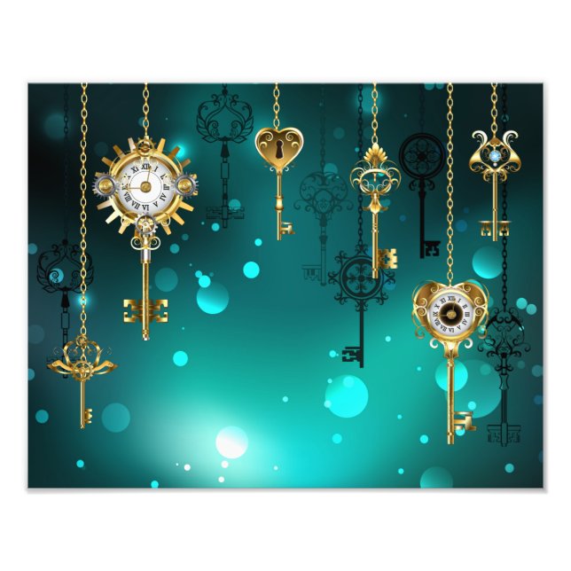 Antique Skeleton Nycklar on Grönt Background Fototryck (Framsidan)