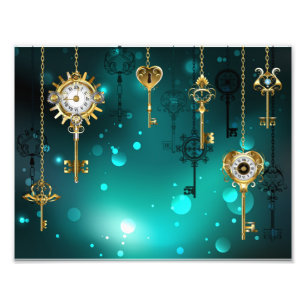 Antique Skeleton Nycklar on Grönt Background Fototryck