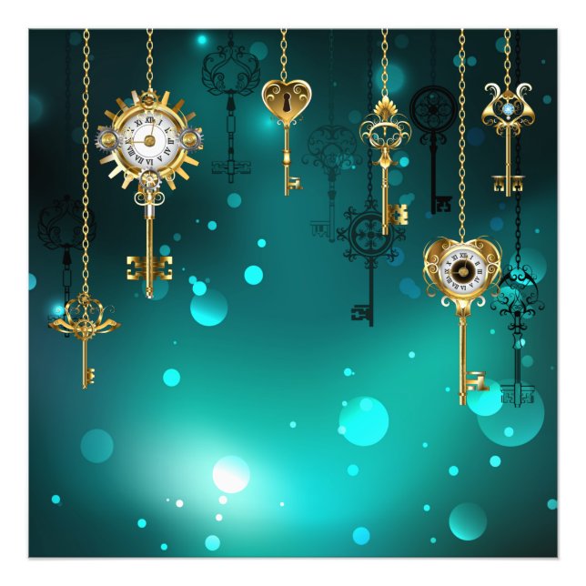 Antique Skeleton Nycklar on Grönt Background Fototryck (Framsidan)