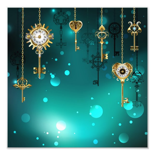 Antique Skeleton Nycklar on Grönt Background Fototryck (Framsidan)