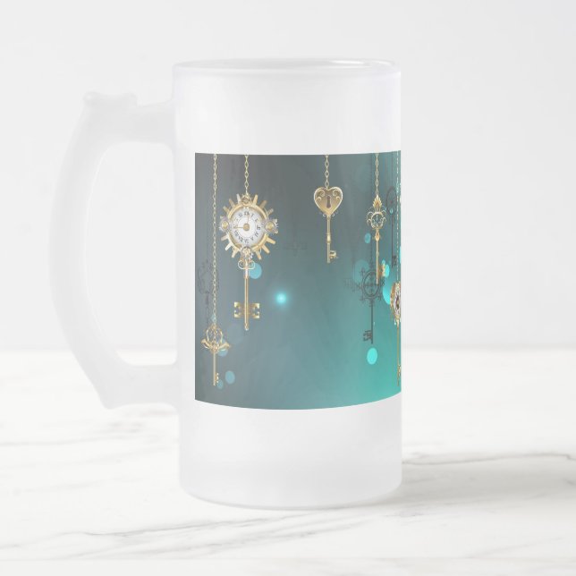 Antique Skeleton Nycklar on Grönt Background Frostat Ölglas (Vänster)