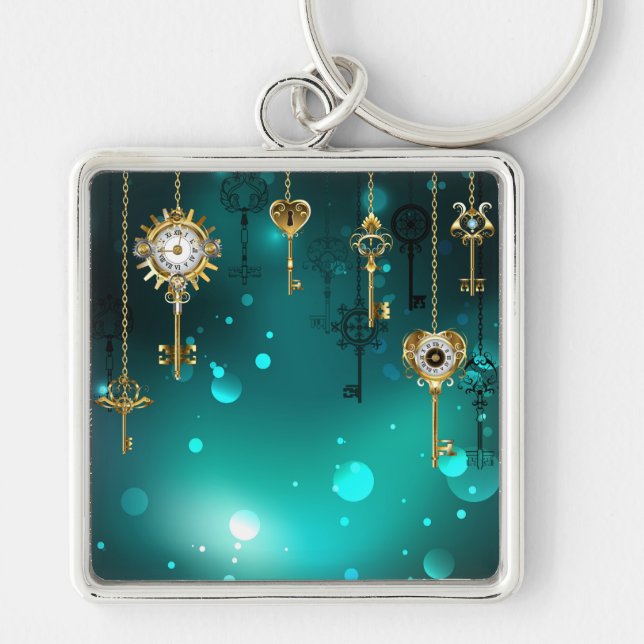 Antique Skeleton Nycklar on Grönt Background Fyrkantig Silverfärgad Nyckelring (Framsidan)