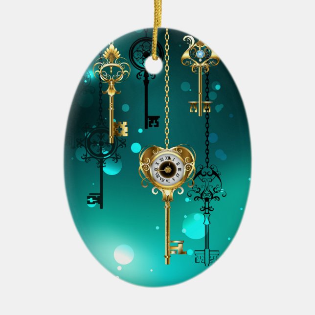 Antique Skeleton Nycklar on Grönt Background Julgransprydnad Keramik (Framsidan)